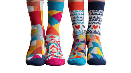 Pair of mismatched socks with fun geometric patterns background isolated on a Transparent background, PNG file.