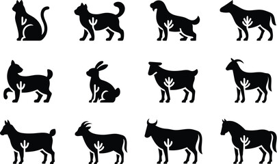 Twelve Simple Black Silhouettes of Domestic Animals: Cats, Dogs, Goats, Rabbits, and More.