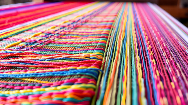 Close-up of colorful threads on a traditional weaving loom, showcasing vibrant textile patterns in a bright, artistic setting.
