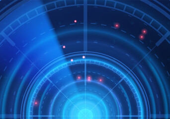 Realistic digital blue HUD radar display in searching with targets, navy or air sonar detection system vector background