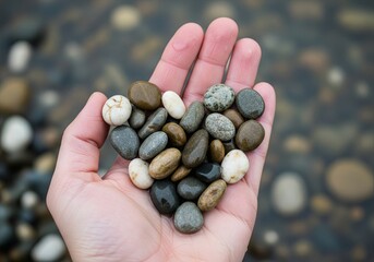 Close-up of a hand holding small pebbles arranged in heart shape, riverbank stones and water blur in background, Ai Generate.