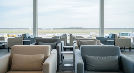 Airport lounge with comfortable seating and panoramic views, perfect for travel relaxation