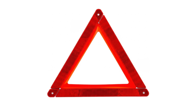 A red, foldable emergency warning triangle for roadside safety.
