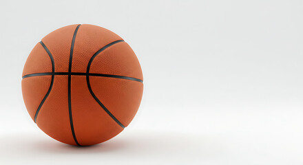 Obraz premium A single orange basketball with black lines sits on a white surface, with ample white space surrounding it.