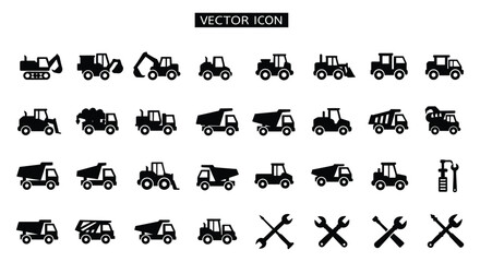 Collection of construction vehicles and tools in black silhouette vector icons