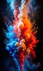 Obraz premium Photo of explosion of vibrant colored powder and smoke in a dynamic burst, featuring intense reds, oranges, blues, and whites against a dark background