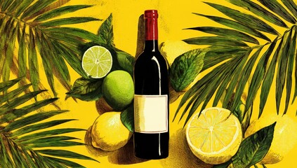 Wine bottle and citrus fruits on a yellow background
