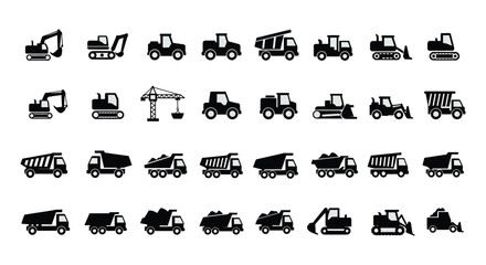 Collection of various construction vehicles and equipment in black silhouette