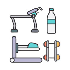 Gym equipment illustration featuring various machines, dumbbells, and a water bottle for fitness and exercise