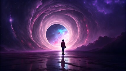 Mystical Portal in a Colourful Galaxy with a Figure Standing in the Canter of a Cosmic Swirl