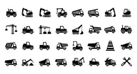 Collection of various construction vehicles and equipment in black silhouette