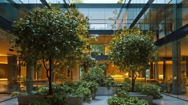 A serene indoor garden featuring lush greenery and modern architecture, illuminated by warm lighting, creating a tranquil atmosphere in a contemporary building atrium