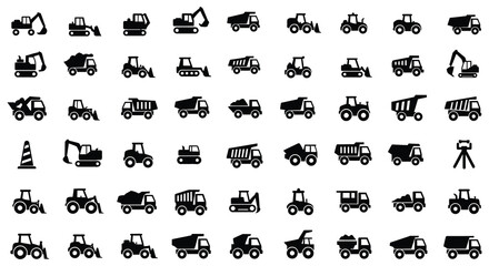 Collection of various construction vehicles and equipment in black silhouette © Kuntol02