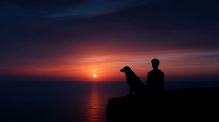 Obraz premium A serene sunset view with a person and their dog silhouettes. The sun sets over the calm ocean. This image captures peace and companionship. Ideal for nature lovers. AI