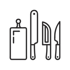 Cutting board and knives, essential tools for food preparation, cooking and slicing in the kitchen or restaurant