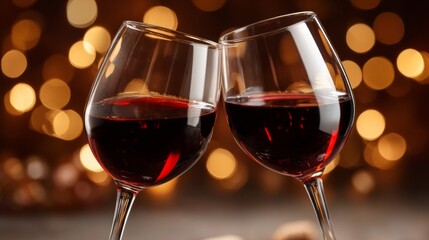 Naklejka premium Wine glasses clinking together, generating celebratory mood with soft glowing background, indicating intimate evening or special moment with warm ambiance