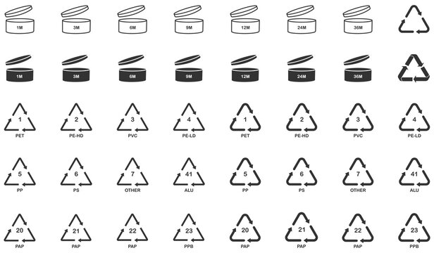Recycling bin and recycling symbol icon set showing open and closed waste bins with triangle recycle signs. Clean icons for waste sorting, recycling instructions, disposal systems.  recycle, icons