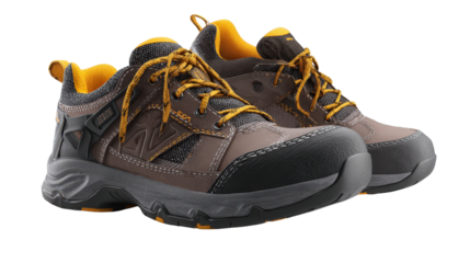 Pair of safety shoes angled to show front and side views background isolated on a Transparent background, PNG file.