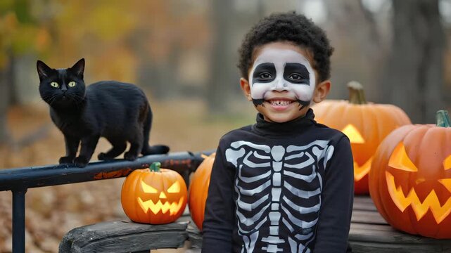 Happy child in skeleton costume with Halloween face paint smiling beside glowing pumpkins and black cat outdoors in autumn festive atmosphere cinematic stock footage