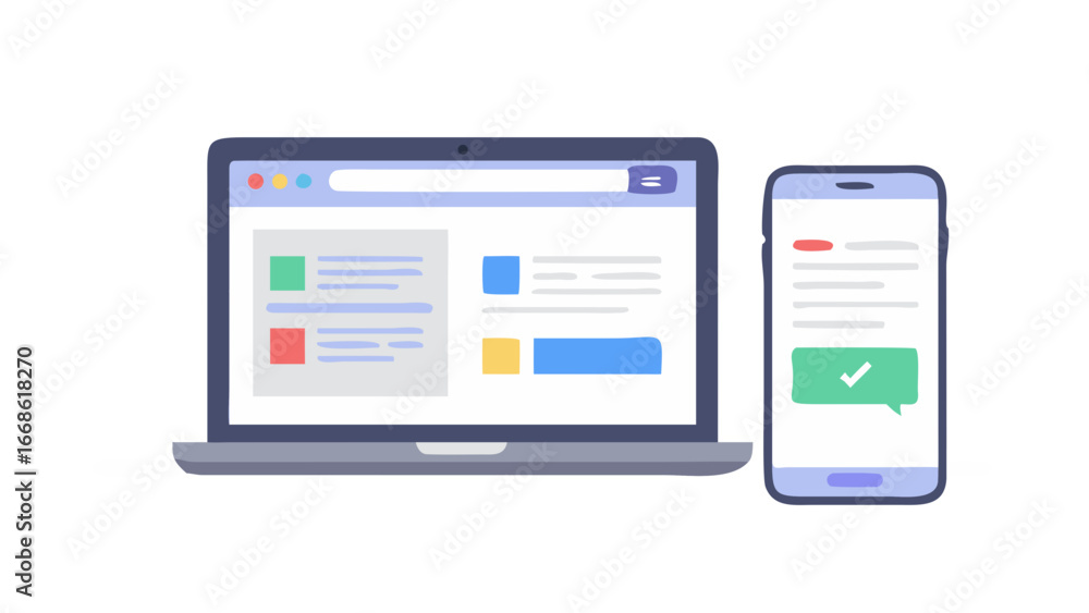 Aufkleber laptop and smartphone showcasing a website interface with a confirmation checkmark, , representing d