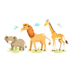 Cute african animals cartoon giraffe, lion, and elephant