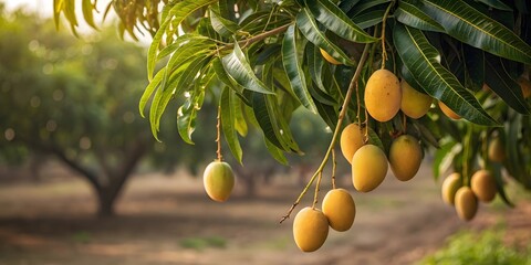 Ripe mangoes hanging on tree branch in the orchard on a sunny day.
