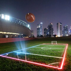 Illuminated modern stadium and bright soccer field in the distance under dark city skyline