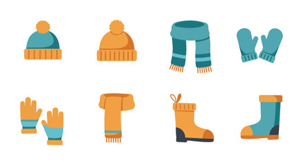 Winter clothing and accessories in orange and blue colors silhouette