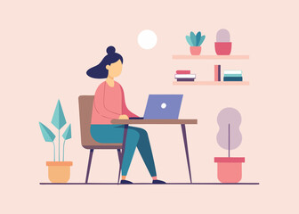 Woman working on laptop at home with plants and shelves background