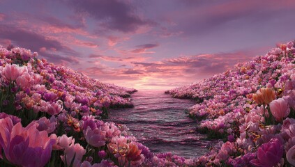 A breathtaking, digitally enhanced landscape of vibrant pink tulips filling the foreground and background, bordering a serene waterway leading to a sunset