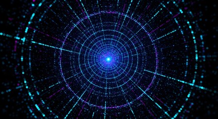 Abstract blue and purple digital tunnel with glowing lights and geometric patterns, representing data flow and technology