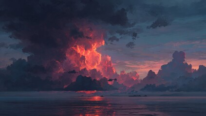 Dramatic sunset over a calm sea, with fiery clouds