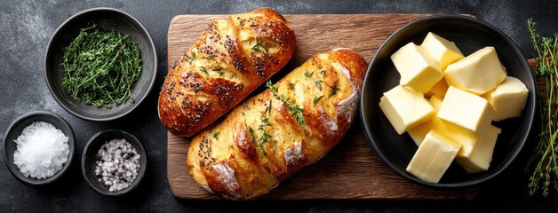 Freshly baked bread loaves presented with a selection of butter, herbs, and salts on a wooden serving board