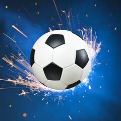 Naklejka premium Soccer Ball Exploding With Intense Blue Sparks On Dark Background