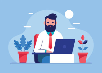 Bearded Businessman Working at Desk with Laptop and Plants Illustration