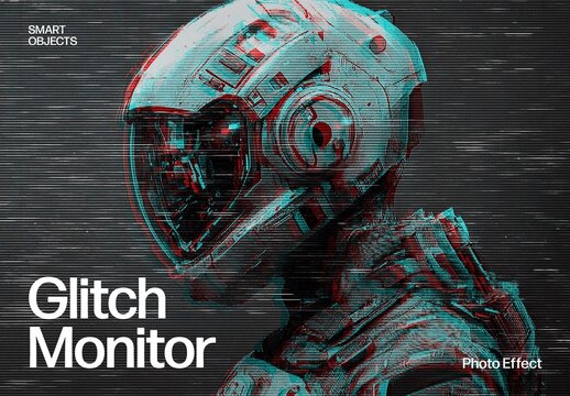 Glitch Monitor Photo Effect Template & Futuristic Sci-Fi Astronaut RGB Distortion