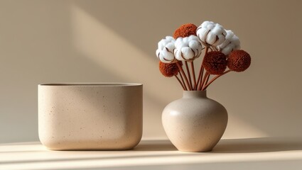 A neutral-toned display featuring a rectangular planter and a vase filled with decorative cotton flowers, bathed in soft sunlight.