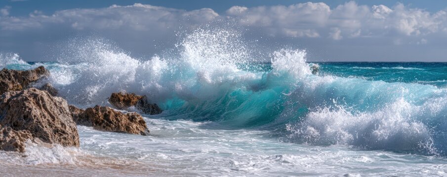 Powerful turquoise waves crashing on a rocky shore - Powered by Adobe