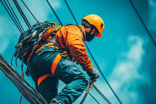 Utility worker ascends a pole wearing safety gear, focused on maintenance tasks amidst vibrant blue skies and scattered clouds