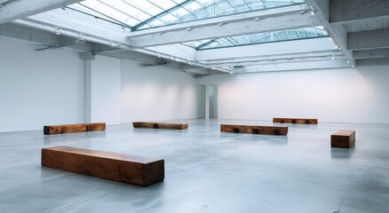 Empty gallery space with wooden benches