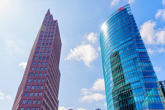 Berlin, Germany - August 16, 2025: Low Angle View of Kollhoff Tower And Bahn Tower In Berlin