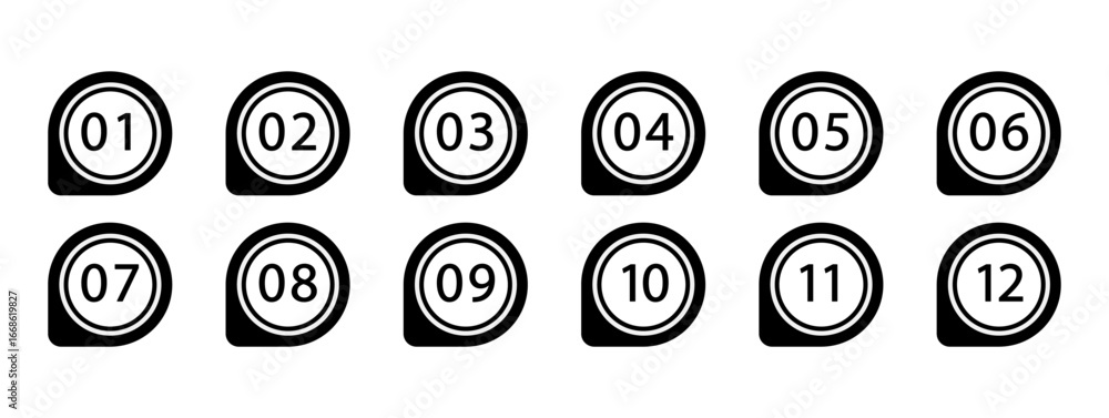 Poster a set of black and white markers numbered from one to twelve. monochrome geometric simple shapes. ve