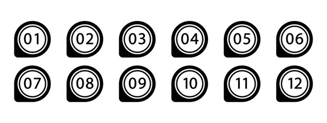 A set of black and white markers numbered from one to twelve. Monochrome geometric simple shapes. Vector flat icons isolated on a white background