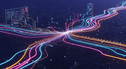 Abstract visualization of data streams and network connections, representing digital information flow and technological advancement with vibrant colorful lines on a dark background