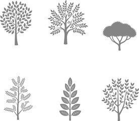 Gray silhouette tree collection, minimal vector illustration, decorative plant icons, nature foliage elements, botanical forest design, leaf-based eco artwork