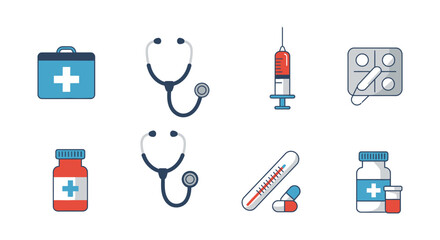Medical icons including stethoscope syringe pills and thermometer on white background silhouette