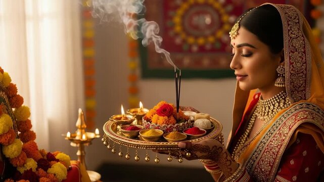 Hartalika Teej Celebration Woman in Traditional Attire Performing Puja Ritual with Incense and Diyas