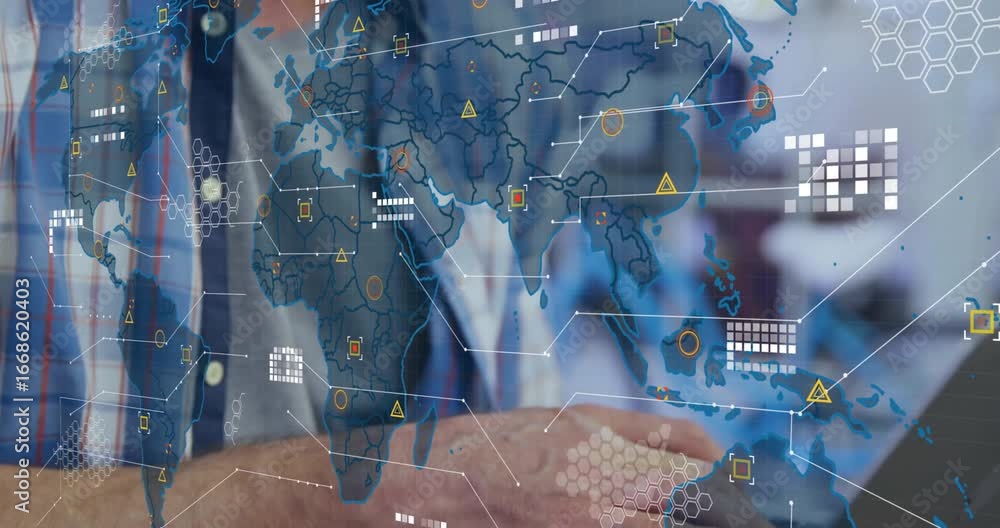 Aufkleber man typing on laptop and initiating animated world map with data nodes for technology analysis