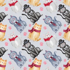 watercolor seamless pattern of funny cartoons cats 
