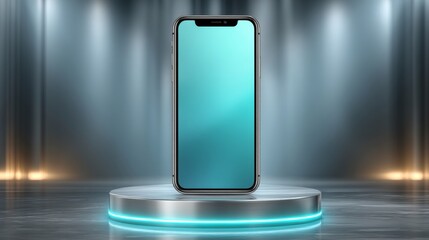 Sleek smartphone displaying white screen, positioned on luminous platform amid blue orange lighting, highlighting cutting edge mobile innovation